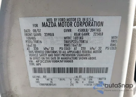 2008 Mazda Tribute S Sport from USA, damaged, VIN 4F2CZ06108KM16665